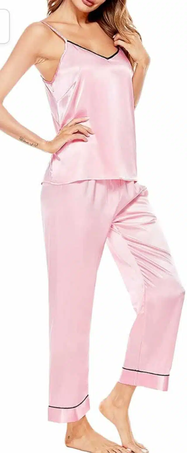 Satin Solid Night Suit for Women (Pink, M)