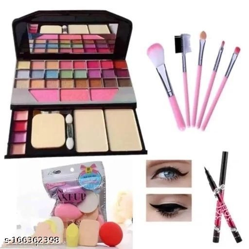 Combo of Makeup Kit, 2 Pcs Eyeliner, 5 Pcs Makeup Brushes & Makeup Blender Set (Multicolor, Set of 8)