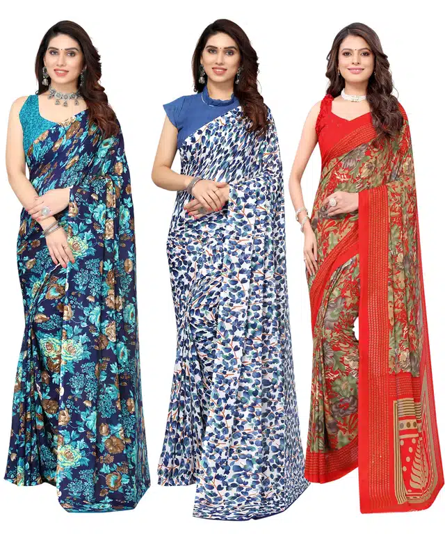 Women's Designer Floral Printed Saree with Blouse Piece (Pack of 3) (Multicolor) (SD-150)