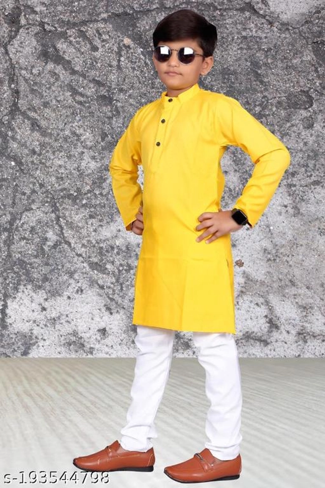 Cotton Blend Kurta Sets for Boys (2-3 Years, Yellow & White)