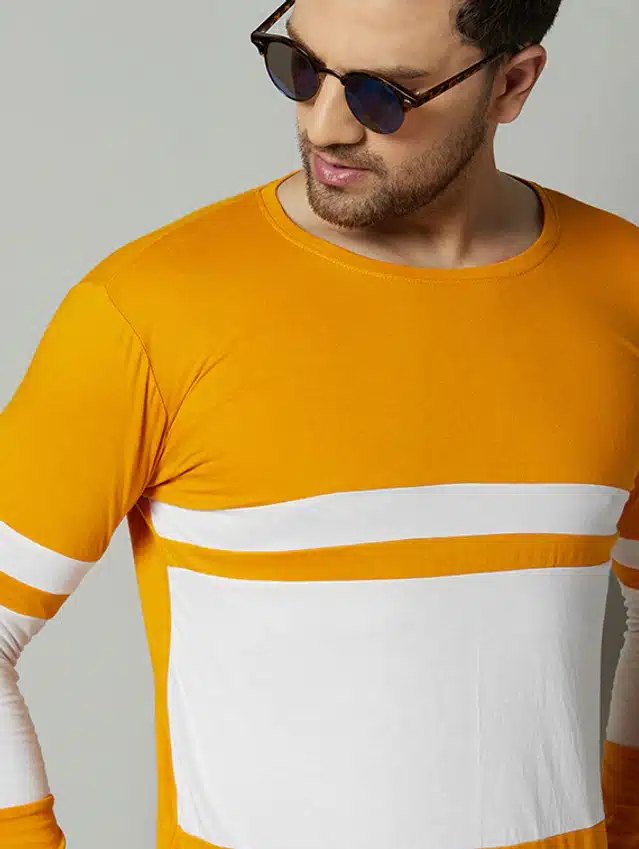 Men's Color Blocked Round Neck T-shirt (Mustard, L)