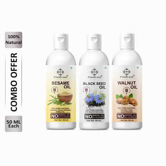 Puriflame Pure Sesame Oil (50 ml), Black Seed Oil (50 ml) & Walnut Oil (50 ml) Combo for Rapid Hair Growth (Pack of 3) (B-13574)
