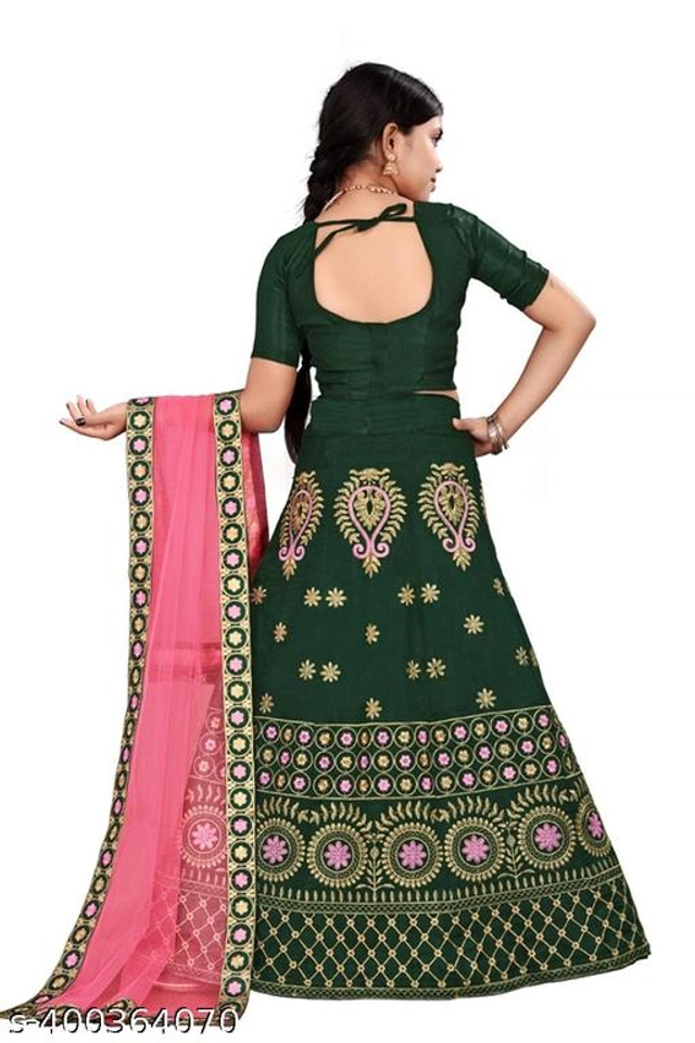 Satin Embroidered Lehenga with Choli & Dupatta for Girls (Green & Pink, 2-3 Years)