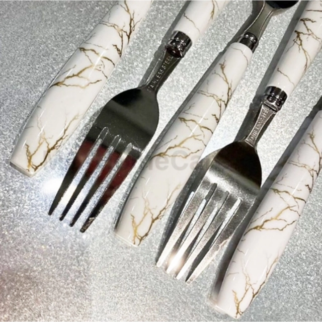 Stainless Steel Marble Design Premium Dinner Forks (White & Silver, Pack of 6)