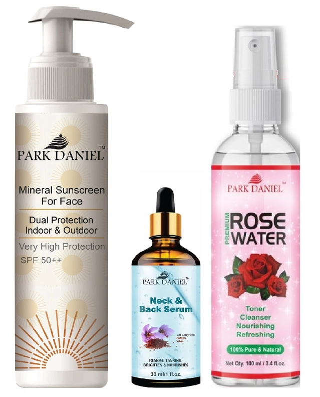 Combo of Park Daniel SPF 50 Sunscreen Lotion (100 ml) with Neck and Back Serum (30 ml) & Natural Rose Water (100 ml) (Set of 3)