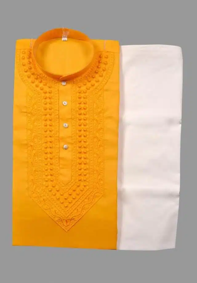 Cotton Embroidered Kurta with Pajama for Men (Yellow & White, M)