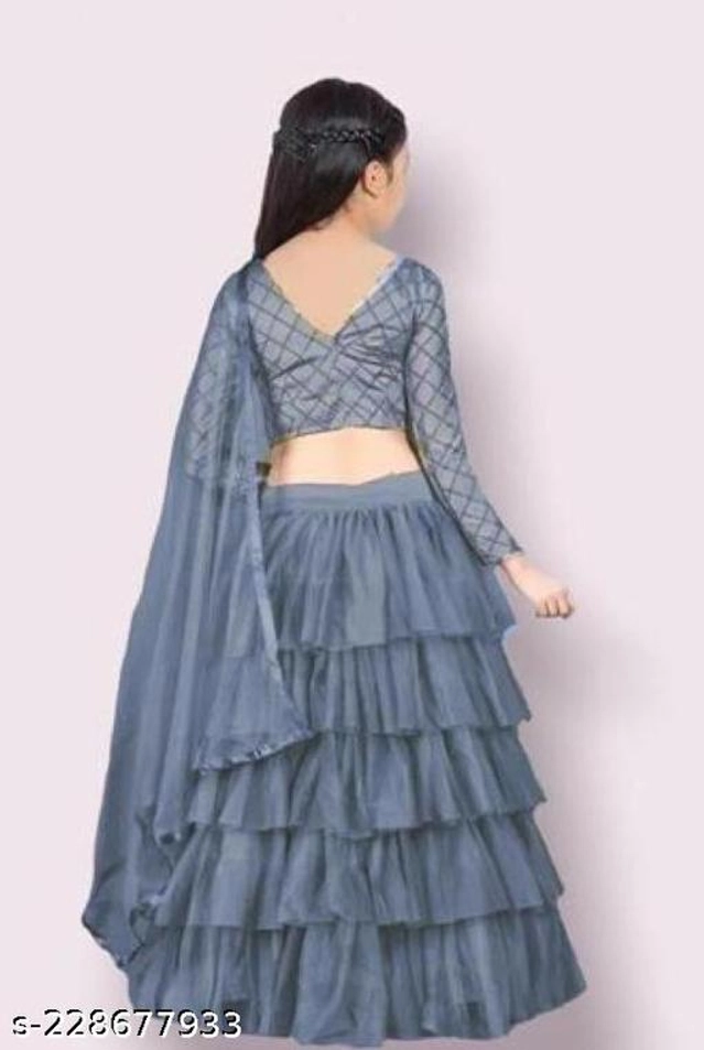 Net Solid Lehenga Choli with Dupatta for Girls (Grey, 1-2 Years)