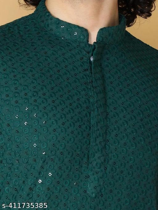 Viscose Rayon Embroidered Kurta for Men (S, Bottle Green)