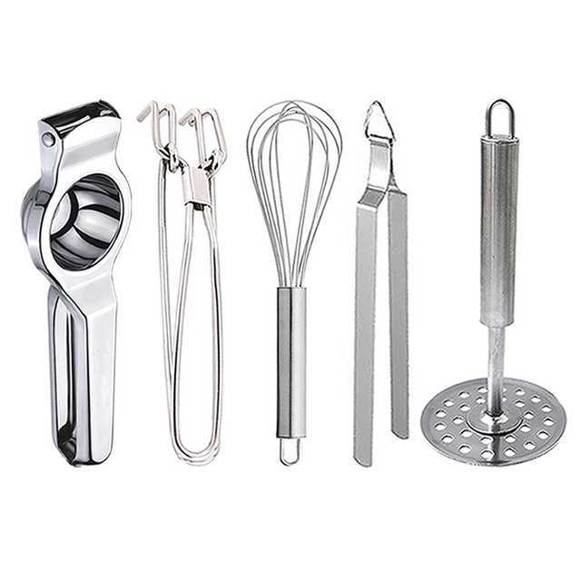 Stainless Steel Lemon Squeezer & Pakkad & Egg Whisk & Roti Chimta & Potato Masher For Kitchen