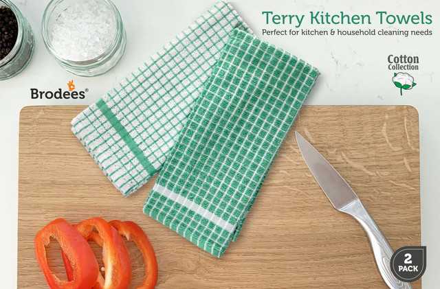 Brodees Cotton Mini Check Terry Kitchen Towel (Pack of 2, Green and White) (RI-9)