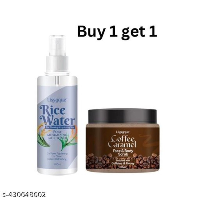 Lissyque Rice Water Face Toner For Pore Tightning + Coffee Face & Body Scrub For Skin Exfoliation( 100 ml + 100 gm Combo Pack)