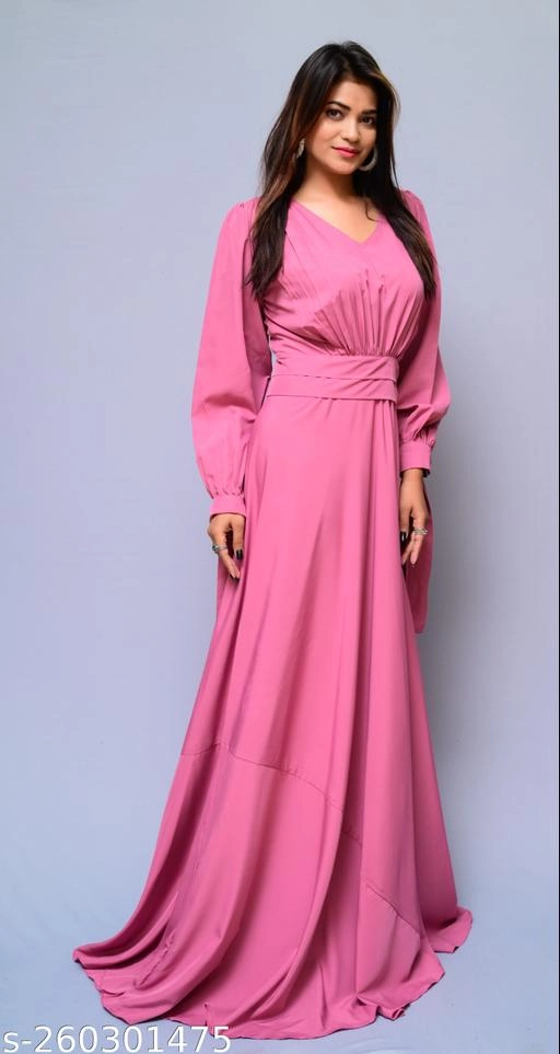 Crepe Solid Gown for Women (Pink, XS)