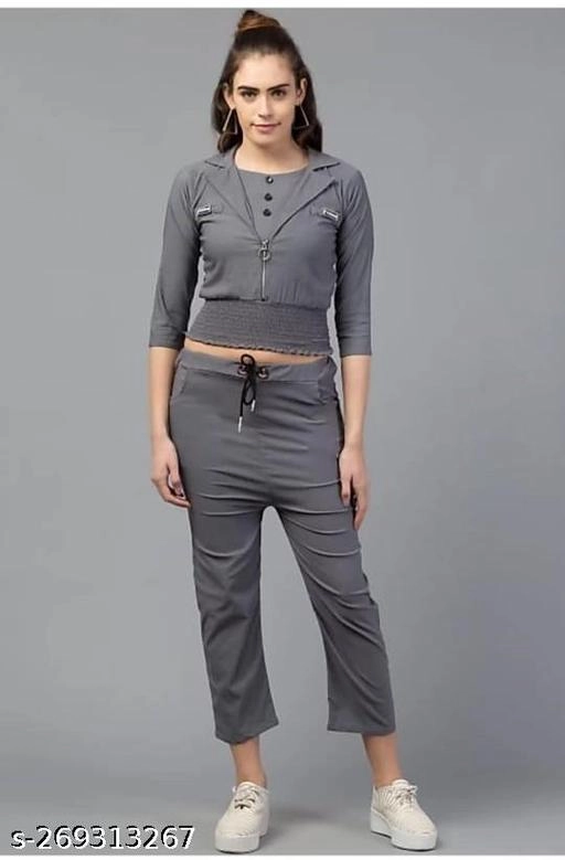 Cotton Blend Solid Top & Bottom Set for Women (Grey, L)