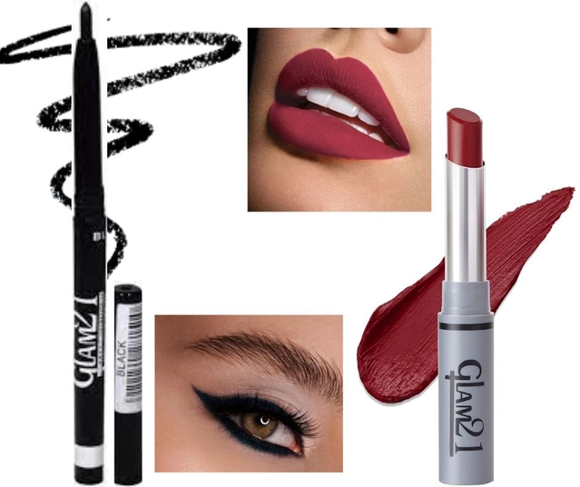 Glam21 Matte Non Transfer Lipstick with Sharpener & Glam21 Waterproof Kajal (Maroon & Black, Set of 2)