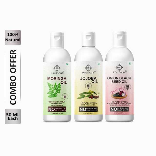 Puriflame Pure Moringa Oil (50 ml), Jojoba Oil (50 ml) & Onion Black Seed Oil (50 ml) Combo for Rapid Hair Growth (Pack Of 3) (B-11836)