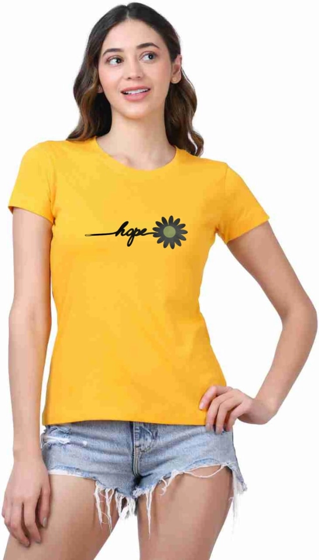 Round Neck Printed T-Shirt for Women (Yellow, S)