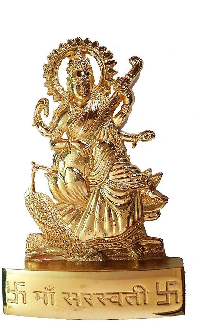 Metal Maa Saraswati Idol (Gold, 11 cm)