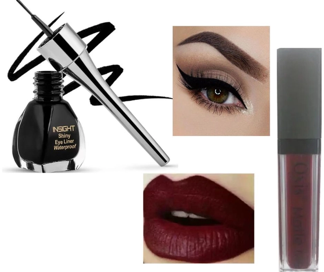 Ultra Matte Liquid Lip Color (Maroon) with Waterproof Smudge Free Eyeliner (Black) (Set of 2)