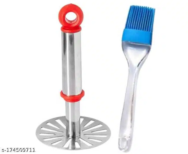 Stainless Steel Masher with Oil Brush (Silver, Set of 2)