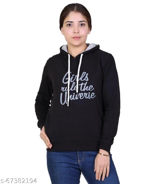 Cotton Blend Printed Hoodie for Women (Black, M)