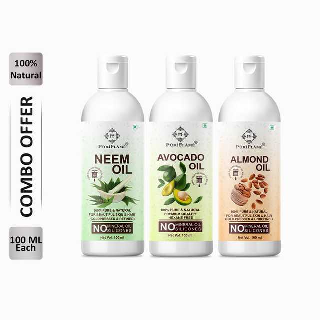 PuriFlame Pure Neem Oil (100 ml) & Avocado Oil (100 ml) & Almond Oil (100 ml) Combo For Rapid Hair Growth (Pack Of 3) (B-5724)