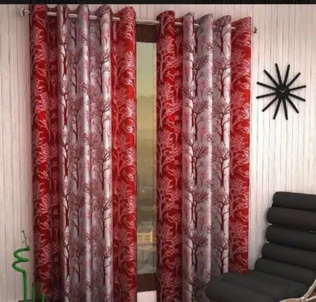 Polyester Printed Window & Door Curtains (Pack of 2) (Red, 5 feet)