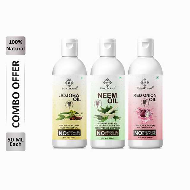 PuriFlame Pure Jojoba Oil (50 ml) & Neem Oil (50 ml) & Red Onion Oil (50 ml) Combo For Rapid Hair Growth (Pack Of 3) (B-11548)