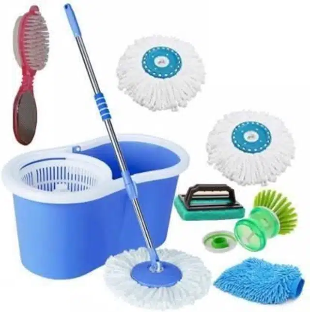 Plastic Bucket Spin Mop with 3 Refills Set & Cleaning Accessories Combo (Blue, Set of 5)