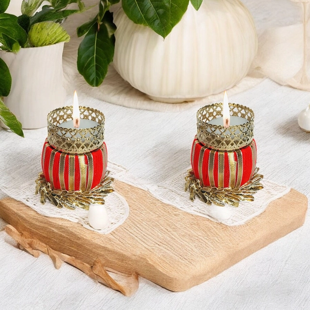 Metal Designer Tealight Candle Holder (Red, 5x5x6 cm) (Pack of 2)