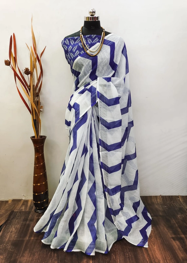 Linen Printed Saree for Women (White & Blue, 6.3 m)