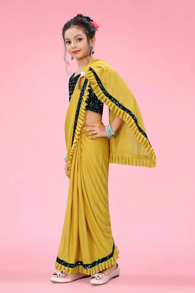 Ready to Wear Saree with Unstitched Blouse for Kids (Yellow, 8-9 Years)