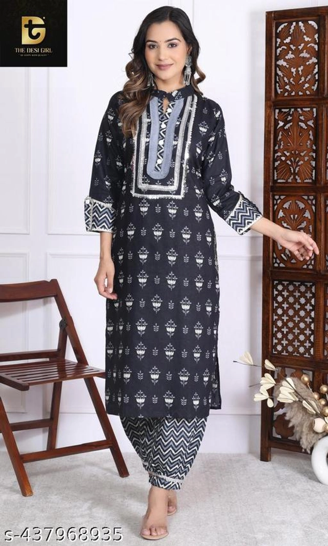 Cotton Printed Kurti with Pant for Women (Navy Blue, S)