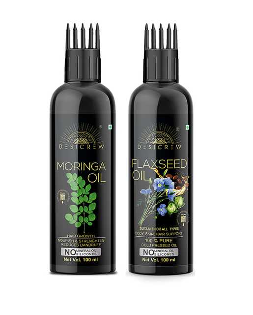 Desi Crew Pure Moringa Oil & Flaxseed Oil For Skin, Body & Hair Care (Pack Of 2, 100 ml) (KGE-470)