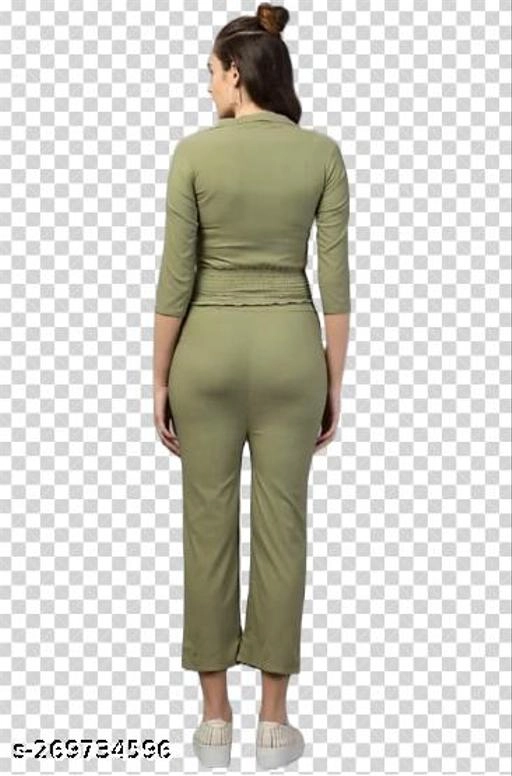 Cotton Blend Solid Top & Bottom Set for Women (Olive, L)