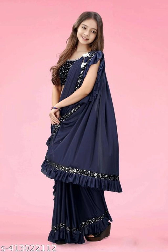 Solid Fancy Saree for Girls with Blouse (Navy Blue, 3-4 Years)