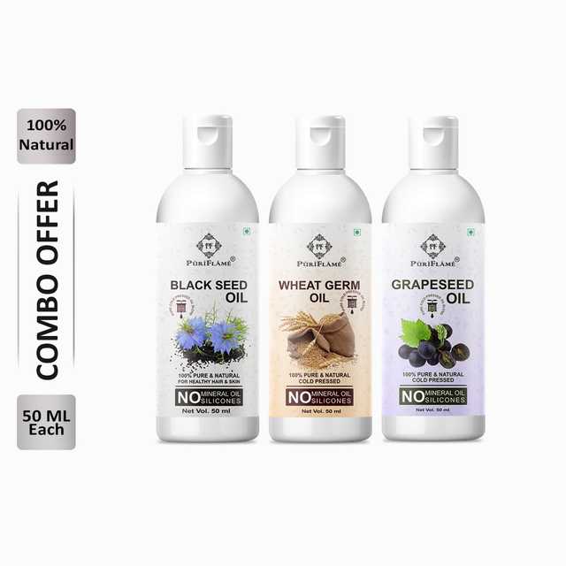 Puriflame Pure Black Seed Oil (50 ml), Wheat Germ Oil (50 ml) & Grapeseed Oil (50 ml) Combo for Rapid Hair Growth (Pack Of 3) (B-9825)
