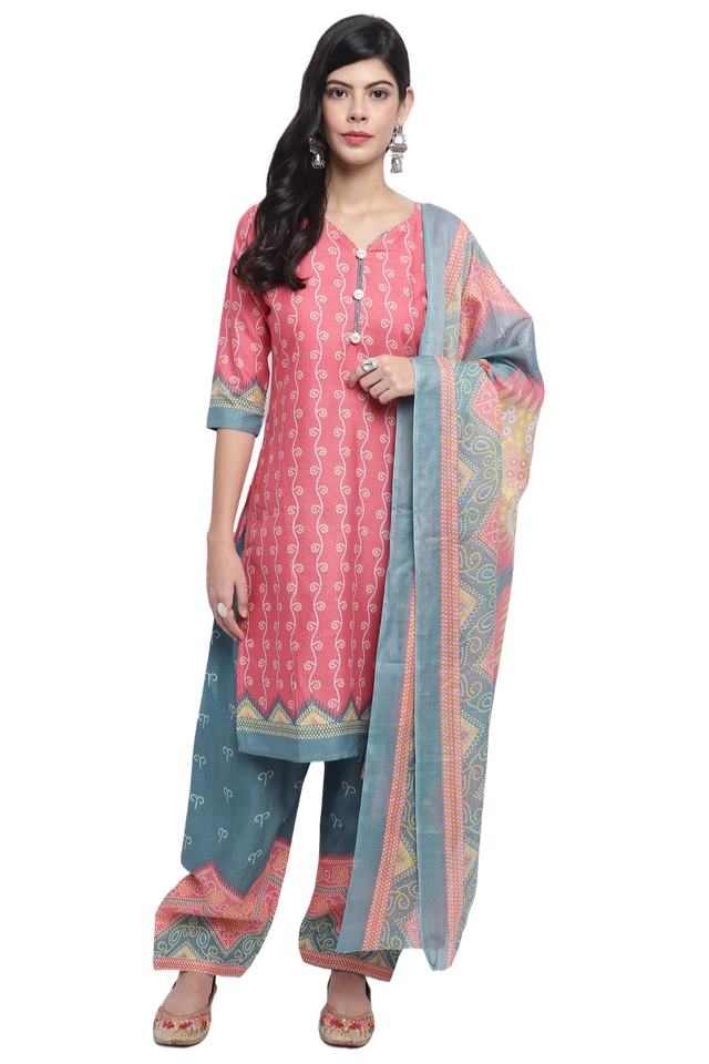 Cotton Blend Floral Kurti with Pant & Dupatta for Women (Peach, M)