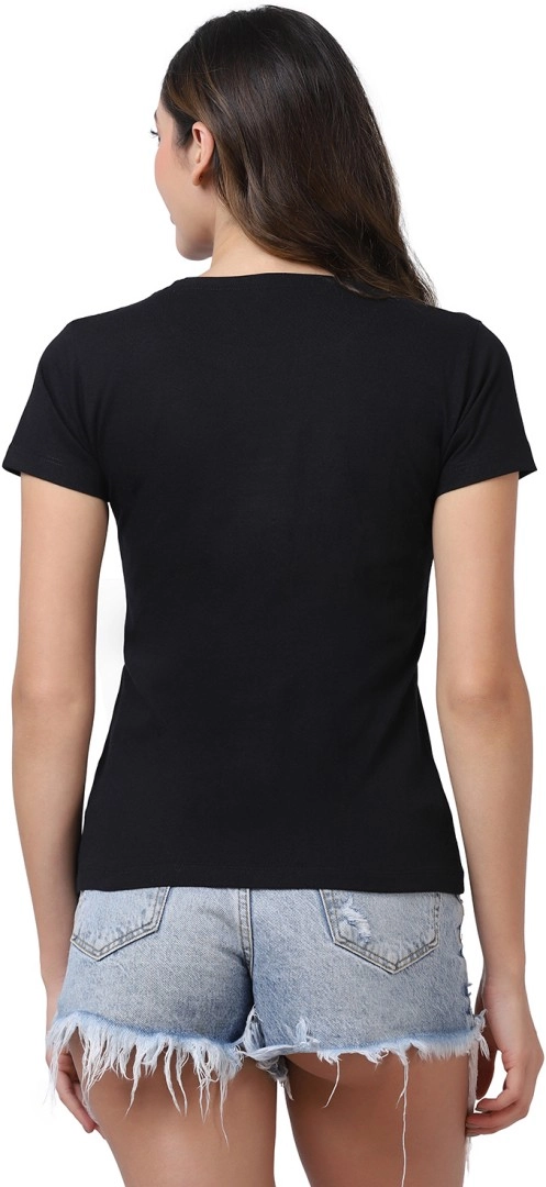 Round Neck Printed T-Shirt for Women (Black, S)