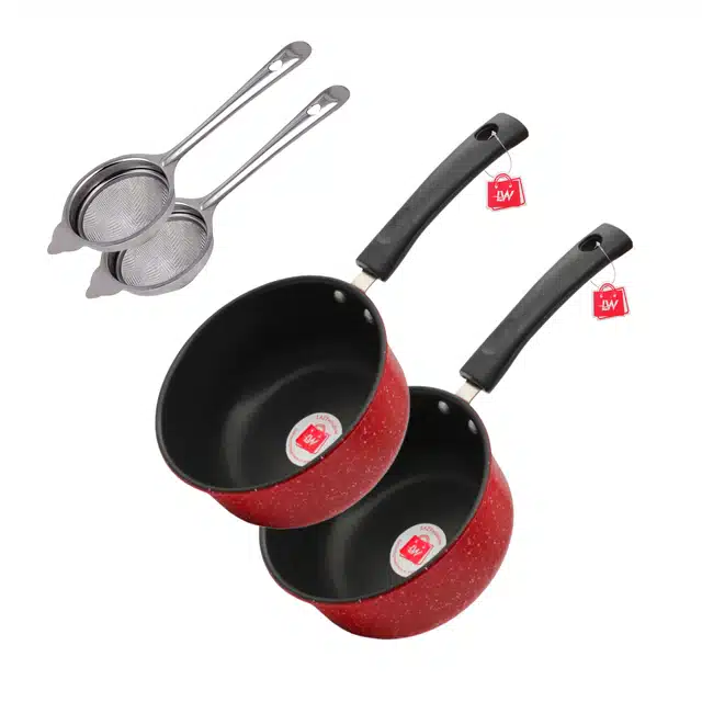 LAZYwindow Metal Nonstick 2 Sauce Pan with 2 Tea Strainer (Pack of 4) (Red, 1.5 L)