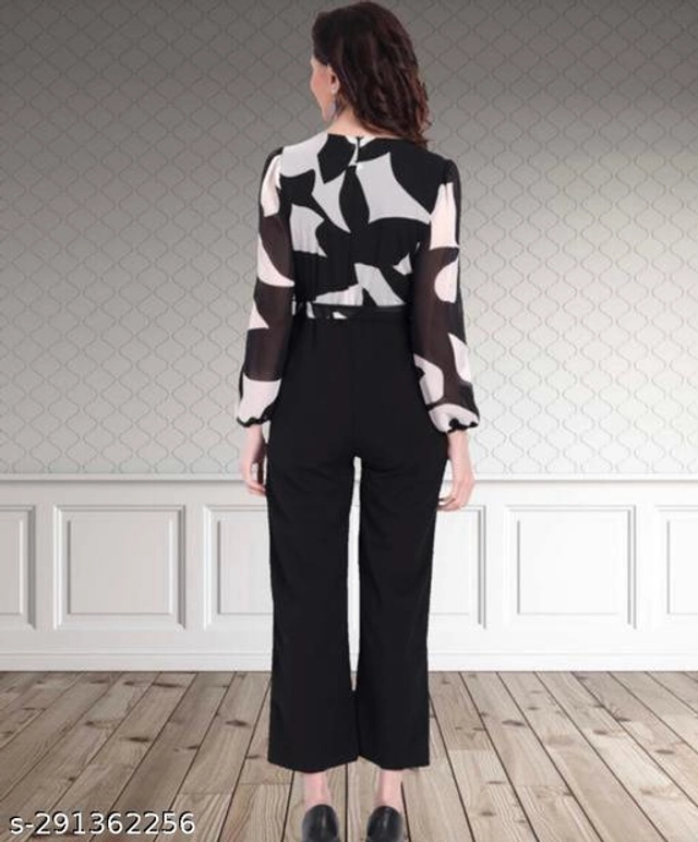 Crepe Printed Jumpsuit for Women (Black & White, Free Size)