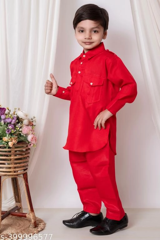 Cotton Solid Kurta with Pyjama for Boys (Red, 1-2 Years)