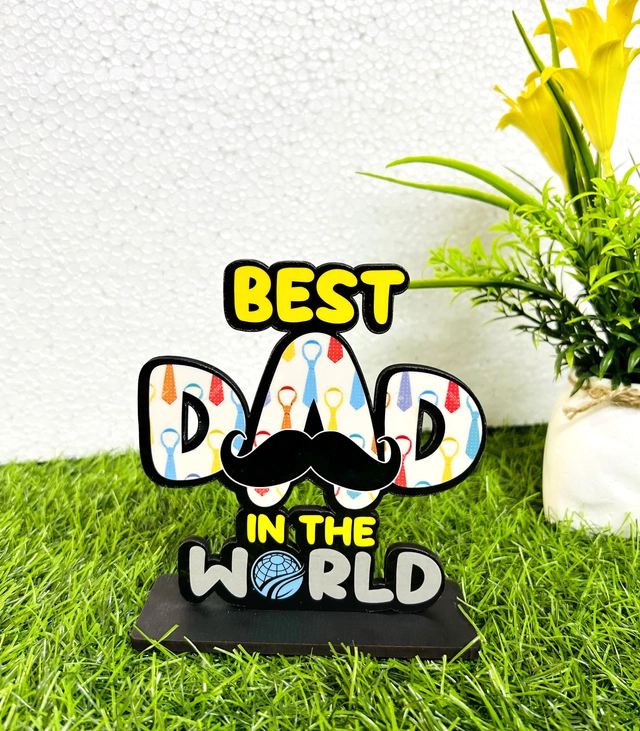 Wooden Handcrafted Best Dad In The World Trophy Gifts (Multicolor, 14.5 cm)