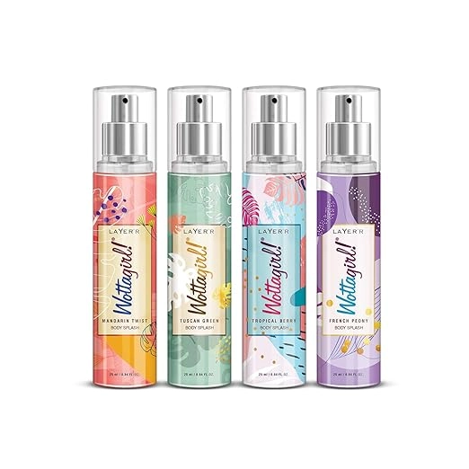 Combo of Layer'r Wottagirl Mandarin Twist, Tuscan Green, Tropical Berry & French Peony Body Splash Perfume Spray for Women (60 ml, Set of 4)