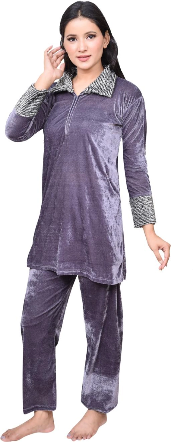 Velvet Solid Nightsuit for Women (Grey, M)