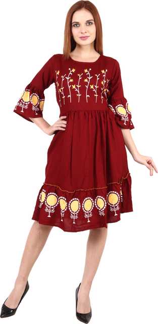 Stylish New Cotton Rayon Blend Women Printed Kurti Dress (Maroon, M) (ITN-119)