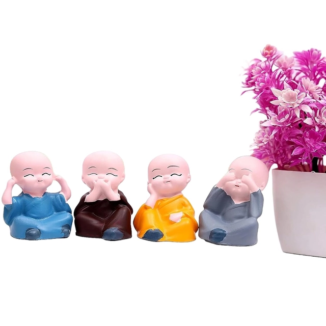 Polyresin Baby Monks Showpiece for Car Dashboard (Multicolor, Pack of 4)