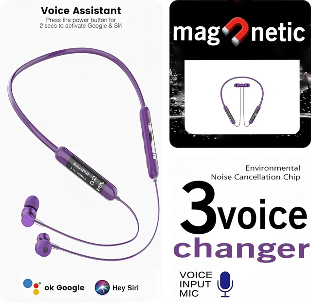 Rechargeable Wireless Bluetooth Neckband (Purple)