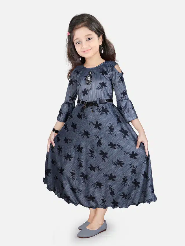 Three Quarter Sleeves Gown for Girls (Grey, 7-8 Years)