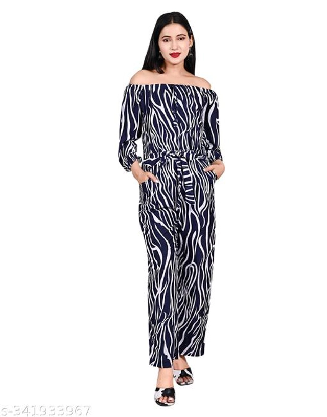 Crape Jumpsuit for Women (Black & White, S)