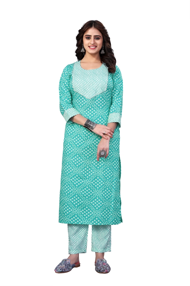 Cotton Blend Solid Kurta with Bottomwear for Women (Sea Green, S)